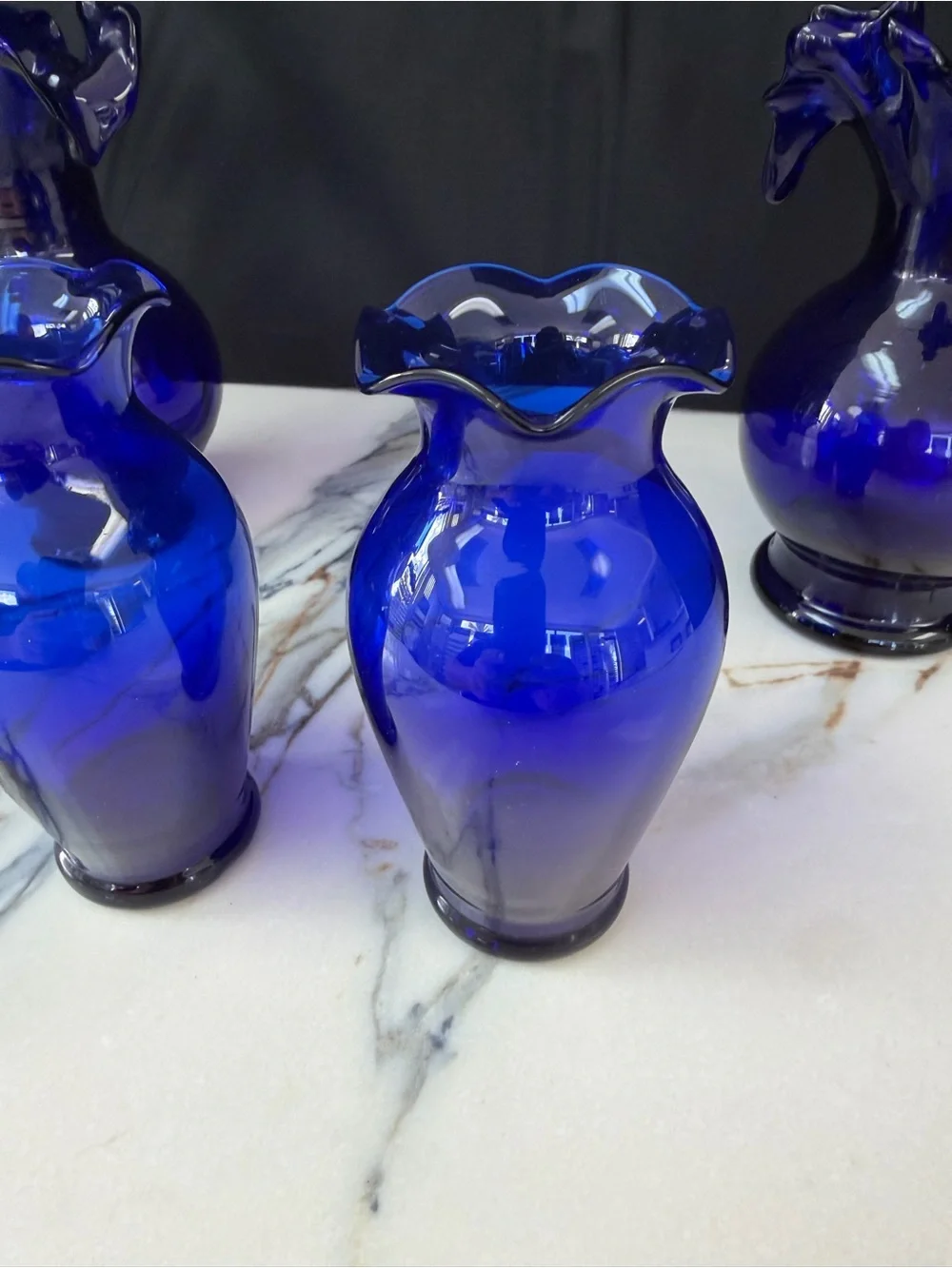 Vintage Cobalt Blue Art Glass Vase Set - 4 Piece Ruffled & Crimped Vase Bundle